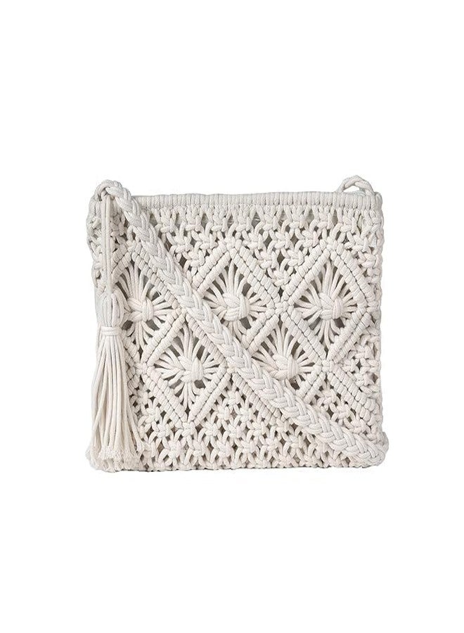 PARAH Women Macrame Shoulder Bag, Knitting Handmade Weaving Handbag, Simple Hollow Beach Bag,White - Size: Width 25 cm x Length 20 cm Off White COLOR - Image 2